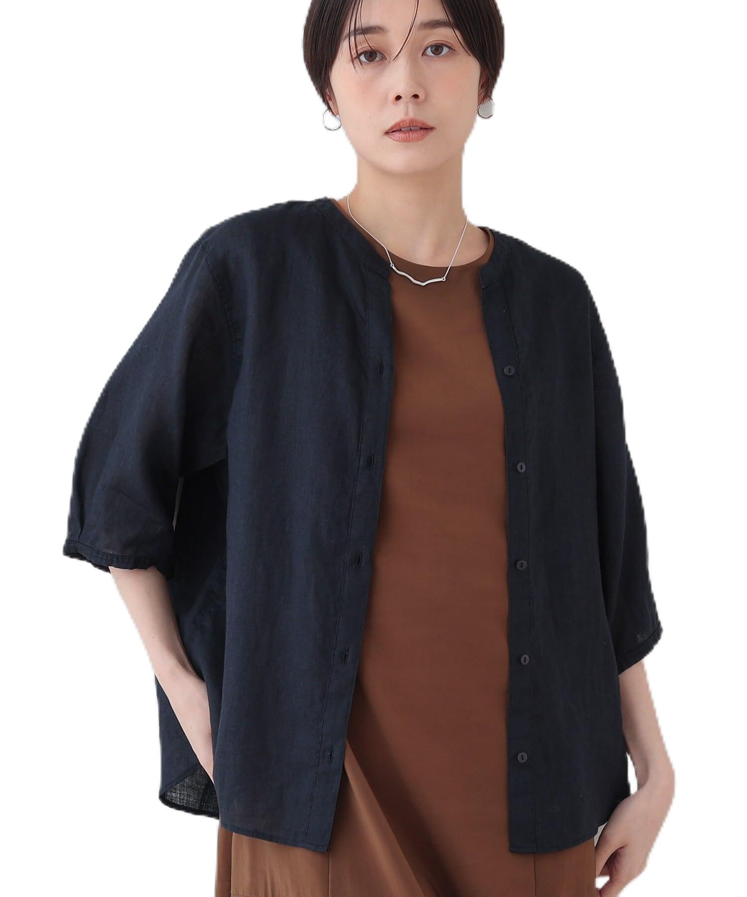 

INDIVI Блузка с рукавом три четверти, воротником-стойкой 12782403, темно-синий, размер 38, рубашка/блузка [Хит!/[Французский лен] 5/8 Женский (094) (M)