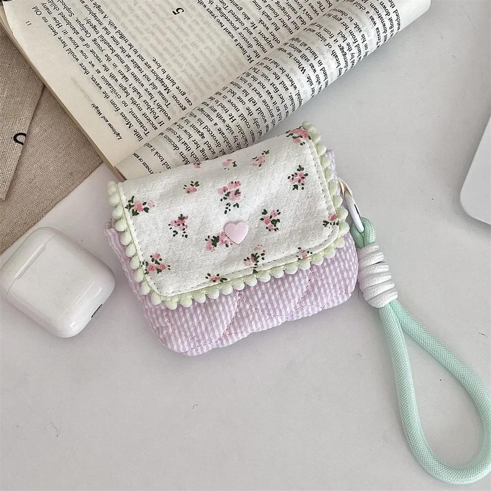 1pc Cute Student Coin Wallet Small Portable Earphone Card Key Storage Bag Floral Korean Ins Style Coin Purse Card Holder Bag