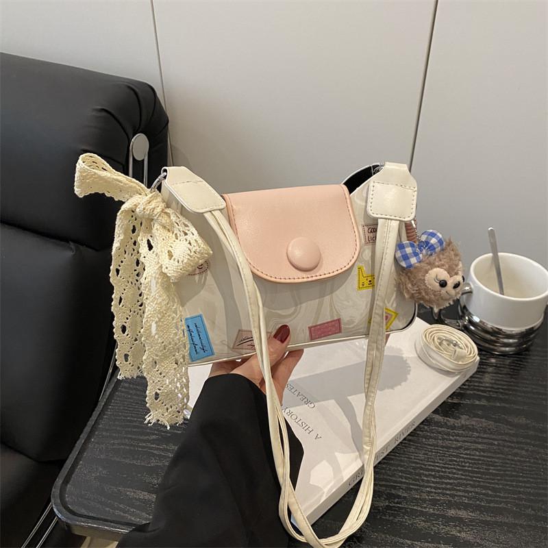 Printed Fashion Cartoon Women Shoulder Square Bag With Lace Bow And Pendant Doll