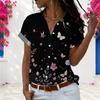 Women Plus Size Black Butterfly Floral Print Collared Short Sleeve Button Front Shirt