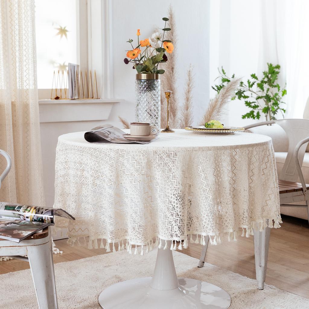 Embroidery Lace Tablecloth,Boho Round Tablecloth with Tassels Farmhouse Table Cover for Wedding Banquet Party Dining Table Decor