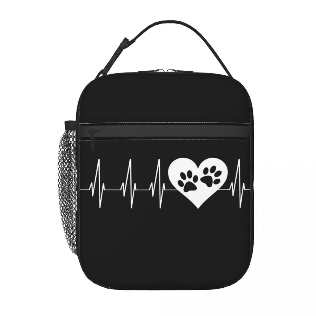 Dog Paw And Heart ECG Heartbeat Insulated Lunch Bag for Women Kids Portable Food Boxes Thermal Lunch Box Tote