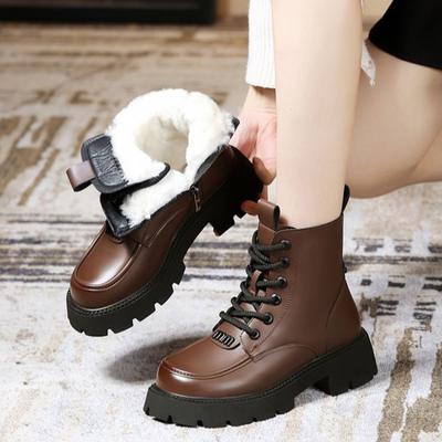 Botas Martin de Neve de Inverno de Sola Grossa Bico Redondo Retrô Femininas 2025 Nova Moda Quente Lã Algodão Acolchoado Sapatos Curtos