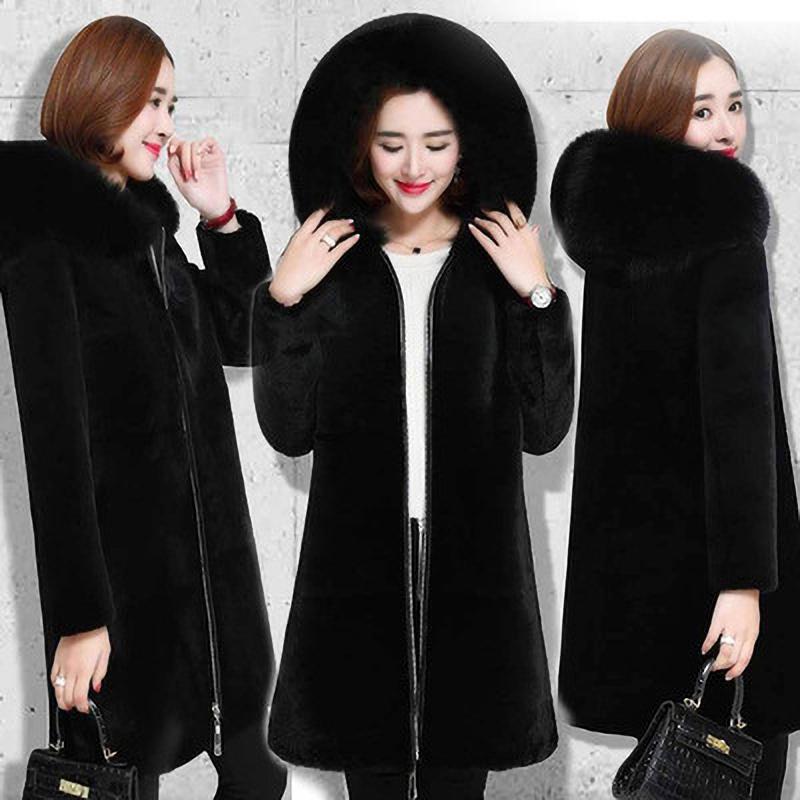 Winter Fur Jacket Black Hooded Parkas Coat Thicken Ladies Warm Long Overcoat Windproof Snow Outerwear