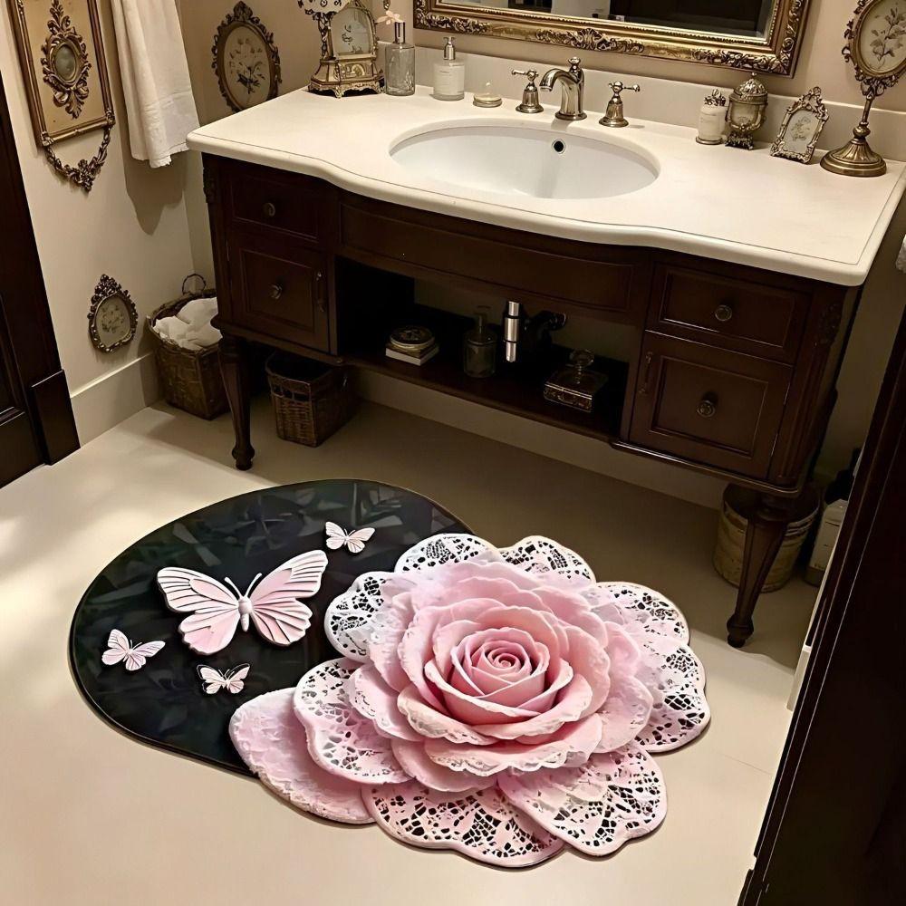 Absorbent Surface 3D Floral Butterfly Carpet Shower Mat For Living Room Tea Table Bedside
