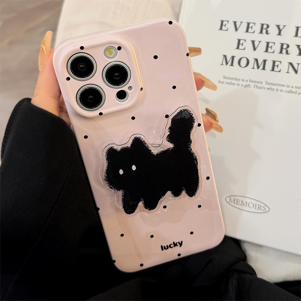 Cute Polka Dot Cat Stand Mobile Phone Case Suitable for 13 Apple 14 Promax Film Iphone 15 Soft 16