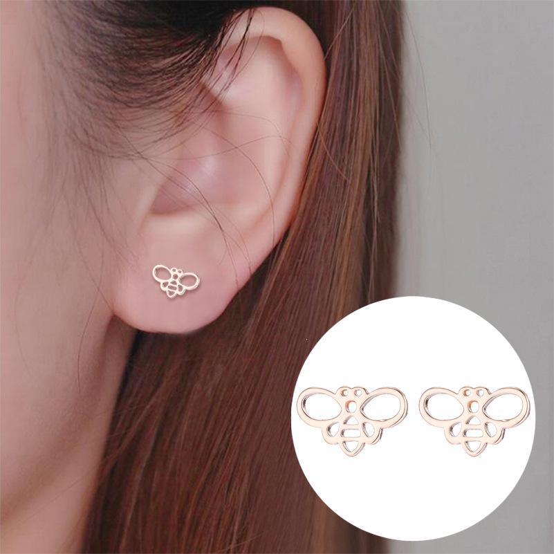 Women's Japanese-Korean Style Bee Stud Earrings - Stainless Steel Hollow Insect Ear Bone Studs