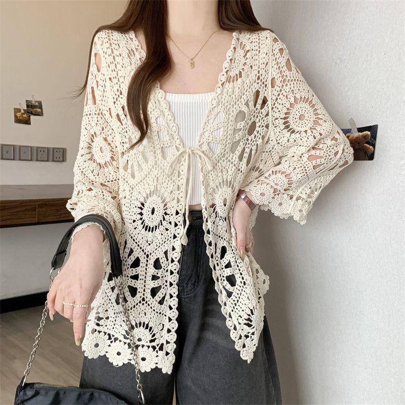 

Korean Style Spring Summer New Plus size women clothing Chubby Girl White Crochet Hollow Knit cardigan Horn Long sleeve Lace Shirt Apricot color 3XL(Large size)