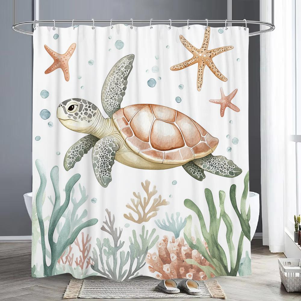 Marineland Sea Turtle Fun Shower Curtain For Beach Theme Bathroom Decorative Shower Curtain, Waterproof Shower Curtain With Hook
