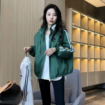Korean Version Three Bar Hooded jacketWomen's Spring and Autumn Short Casual Sports Charge Jacket Baseball Jacket