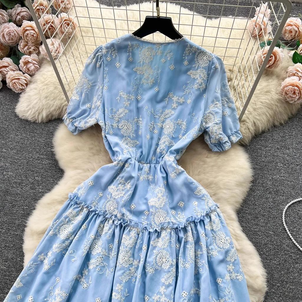 Summer Elegant Holiday Flower Embroidery Beach Dresses For Women V Neck Short Sleeve Robe A Line Party Birthday Dress