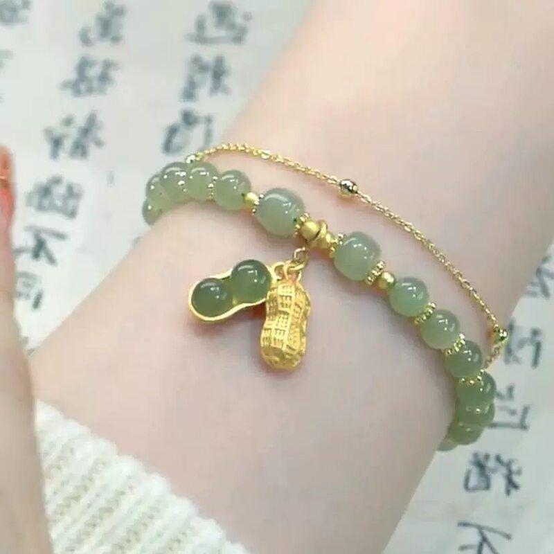 Golden Silk Jade Bamboo Bracelet: Elegant Beaded Pumpkin Design with Imitation Hetian Jade In New Chinese Retro Style