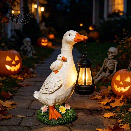 Outdoor Lighting for Garden Duck Statue with Solar Lantern, Cute Mom And Baby Sculpture Decorative Yard Art Lights Lamp, Waterproof Resin Light