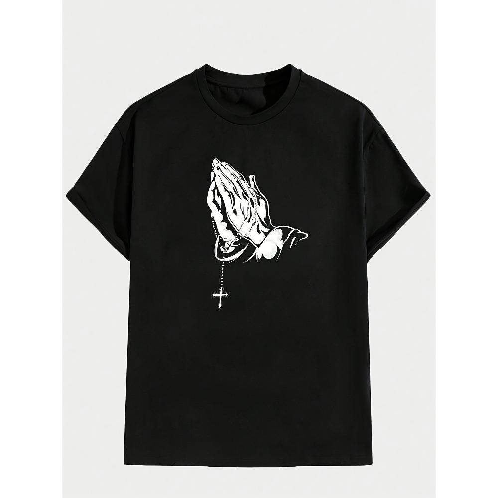 Praying Hands & Cross T-Shirt,Soft Breathable & Fade-Resistant, Classic Fit for Daily Casual Wear