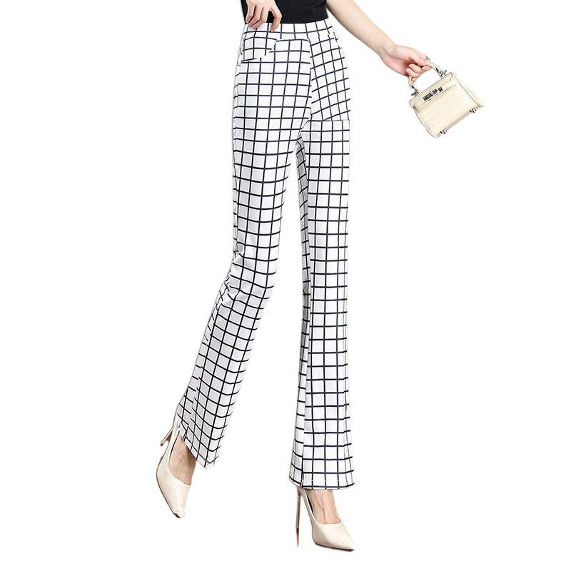 Black & White Plaid Flare Pants - 2024 Summer Elastic Waist, Slim Fit, Versatile Women's Micro Flare Long Pants