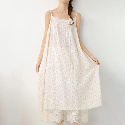 Spring/Summer 2026 Floral Print Spaghetti Strap Midi Dress - Sweet Mori Style with Lace Patchwork