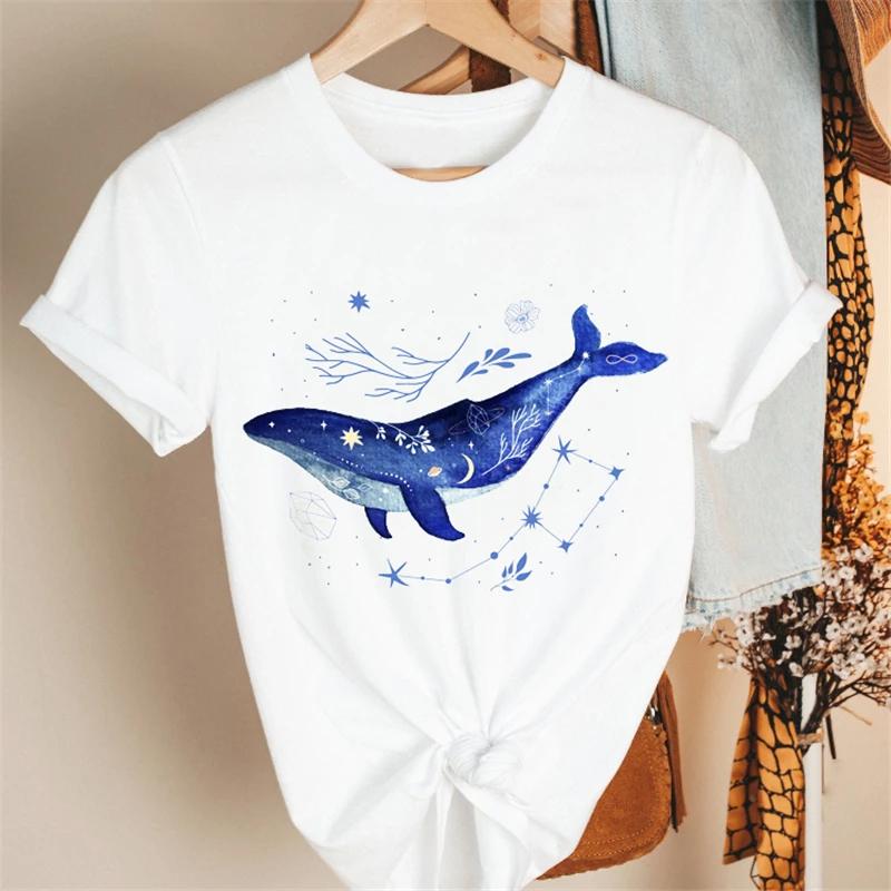

Cartoon Blue Whale Print T-shirt Cotton Retro Harajuku Short Sleeved Clothing Y2k Top T-shirt Summer Harajuku Large T-shirt M