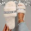 Fashion Fashion Rhinestone Fluffy House Slippers for Women 2025 Winter Warm Faux Fur Flat Slides Woman Open Toe One Strap Plush Slippers