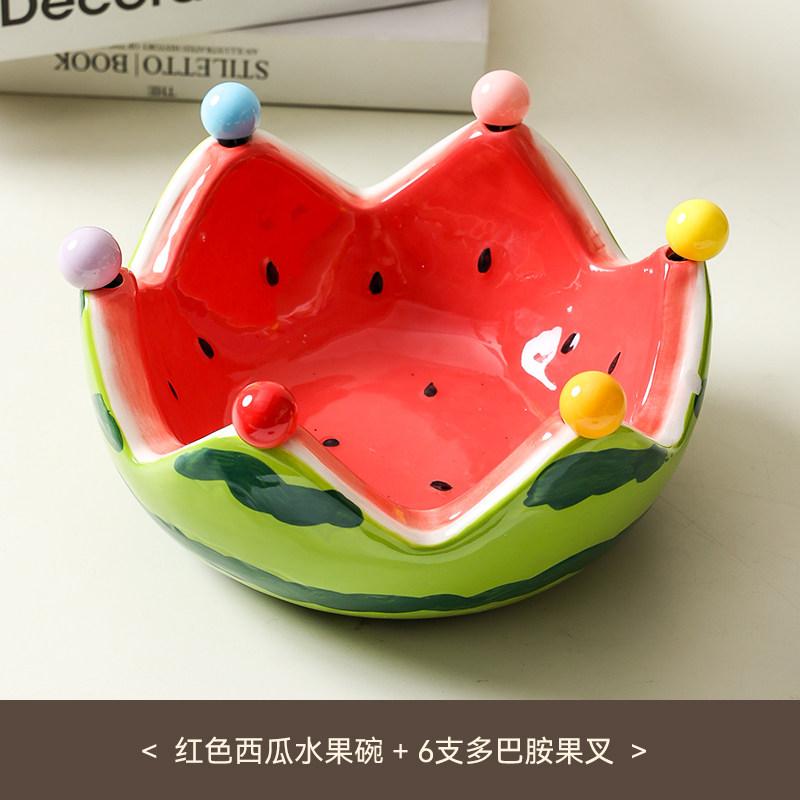 Creative Ceramic Watermelon Fruit Bowl with Fork for Home Living Room Fruit Plate Salad Bowl Cute Stainless Steel Fork