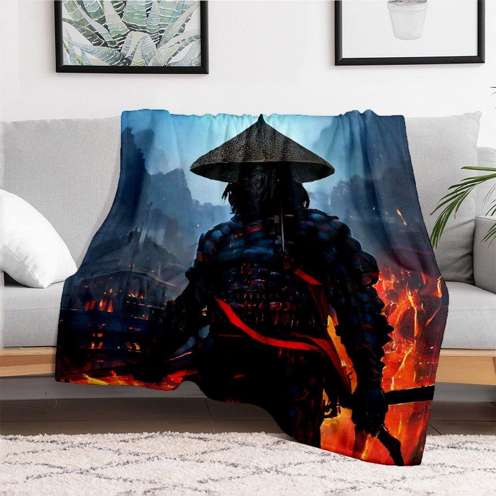 "Samurai Warrior with Katana - Fantasy Art Print"Blanket Flannel Throw Blanket for Sofa, Bed, Travel, Camping, Office, Couch, Chair, And Bed