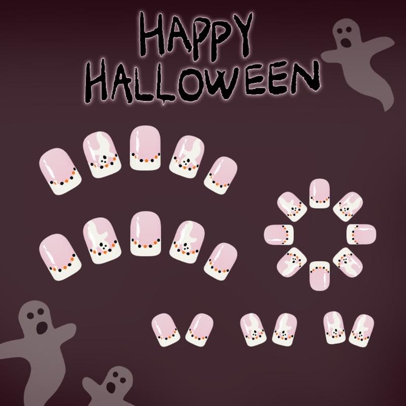 Halloween Press On Nail White French Manicure With Glittering And Bat Patterns 24 Reusable Faux Nail