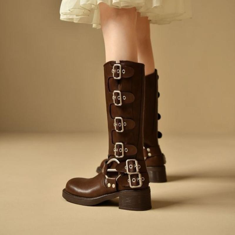 Fashion Square Toe Middle Heel Leather Women's Long Boots Autumn Winter Fleece-Lined Ladies Knee High Shaft Shoes Y2k Goth Footwear Sale