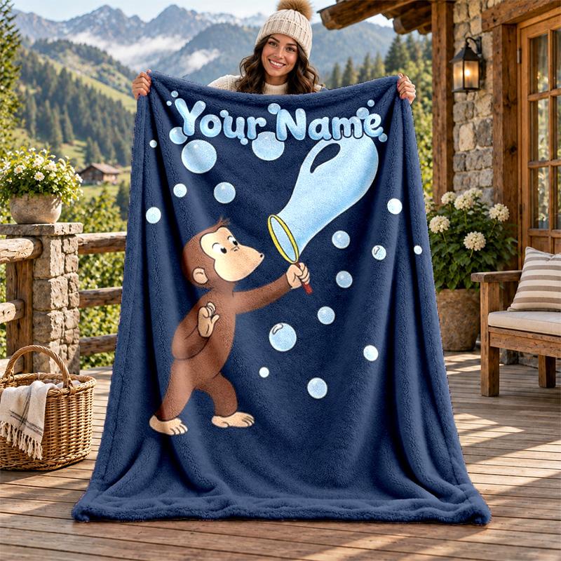 Curioso George Custom Name Flannel Blanket Personalized Soft Warm Plush Throw Blanket Customized Gift for Family Friends