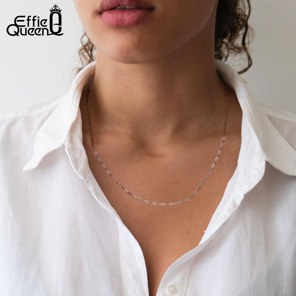 Effie Queen 925 Pure Silver Thin Paperclip Chain Necklace Simple Fine Jewelry for Women Dainty Paper Clip Link Chain Party SC39