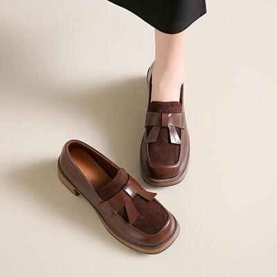 Mode Damen Herbst High Heels Samt Lederpaneele Absätze Retro Braun Preppy Slipper Quadratische Zehenpartie Blockabsatz Pumps Lolita Lederschuhe