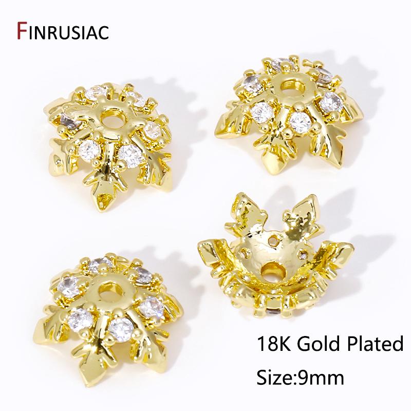 

Trendy 9mm Brass Snowflake Bead End Caps 18K Gold Plated Inlaid Zircon Beads Cap For DIY Bracelet Necklace Making Accessories 3 pieces