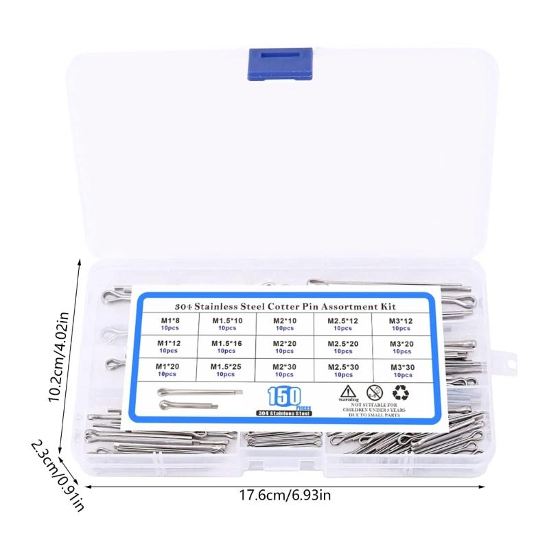 150Piece Cotter Pin Set, Stainless Steel Cotter Pins Assortment with Assortment Box, Safety Cotter Pins Set for Car
