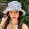 Striped pleated flat top bucket hat women's summer cotton and linen thin breathable literary temperament basin hat sun hat