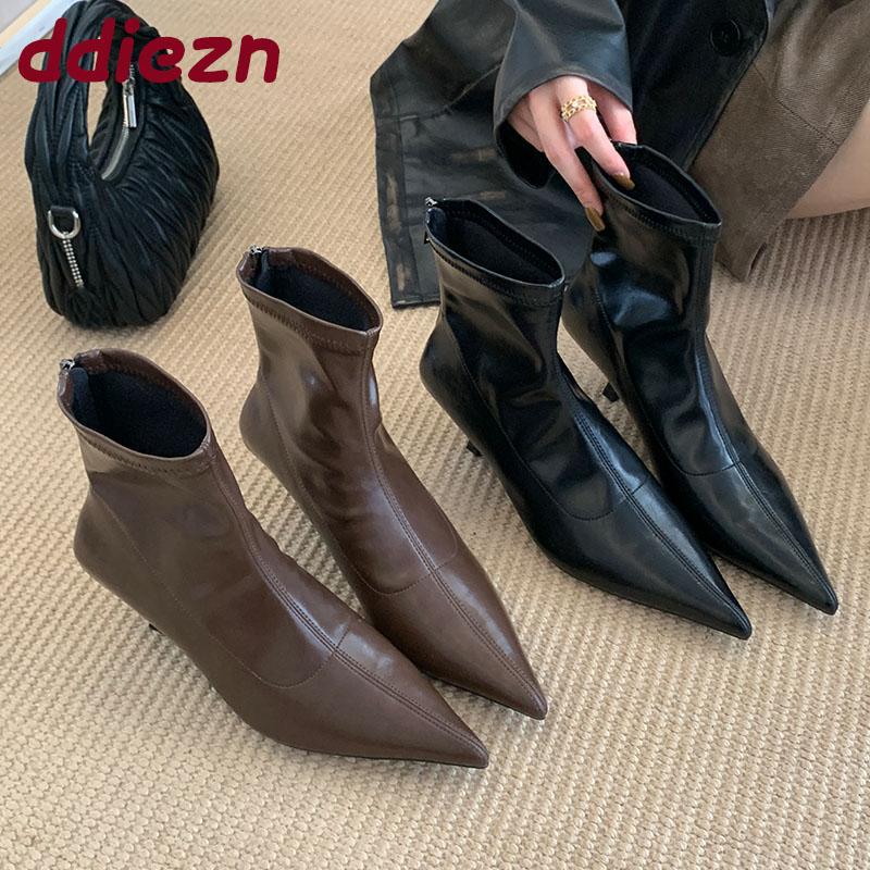 Mode Mode Spitzschuh Damen Moderne Kurze Stiefel mit Absätzen Schuhe Reißverschlüsse Damen Knöchel Stretch Stiefel Damen Pumps Schuhe