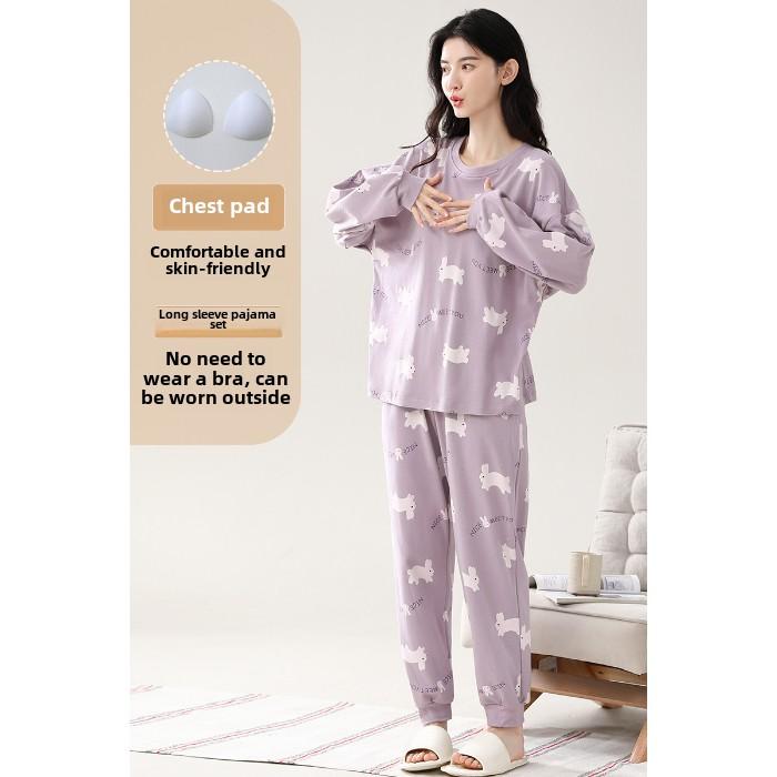 Conjunto de Pijama de primavera otoño con almohadilla en el pecho para Mujer talla grande 4XL 5XL estampado de dibujos animados Tops y pantalones de manga larga Ropa de dormir femenina Pijamas casuales Ropa para el hogar