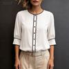 Women Casual Round Neck Solid Color 3/4 Sleeve Loose Blouse