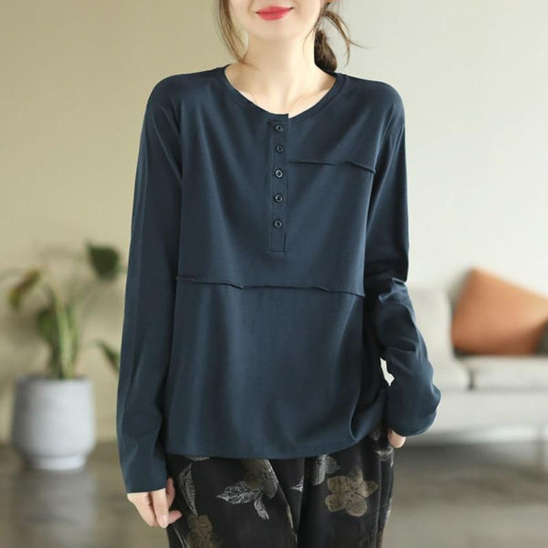 Literary Retro Spring and Autumn Long-sleeved T-shirt Women's Casual Thin Stitching Button Bottoming Shirt Top Women