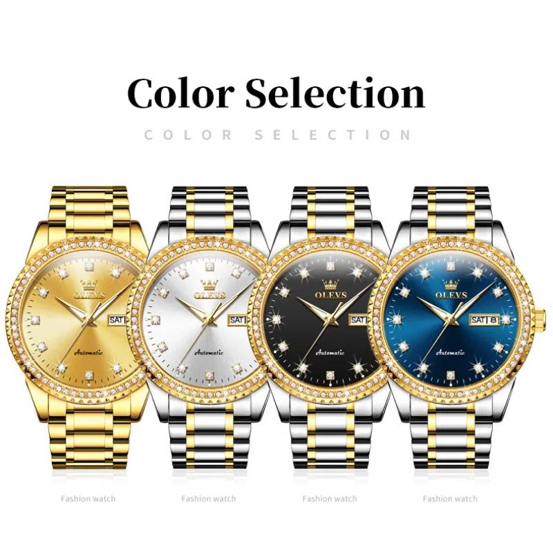OLEVS Men's Watch Luxury Brand Diamond Automatic Mechanical Watch Stainless Steel Waterproof Calendar Business Men's Watch