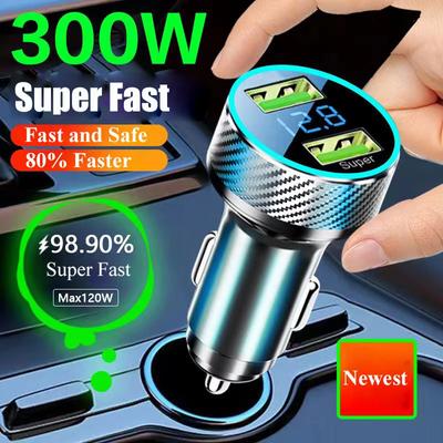 Adattatore Caricabatteria USB per Auto 2 in 1 300W Ricarica Super Veloce con Monitor di Tensione per iPhone Samsung iPad Huawei Oneplus OPPO VIVO