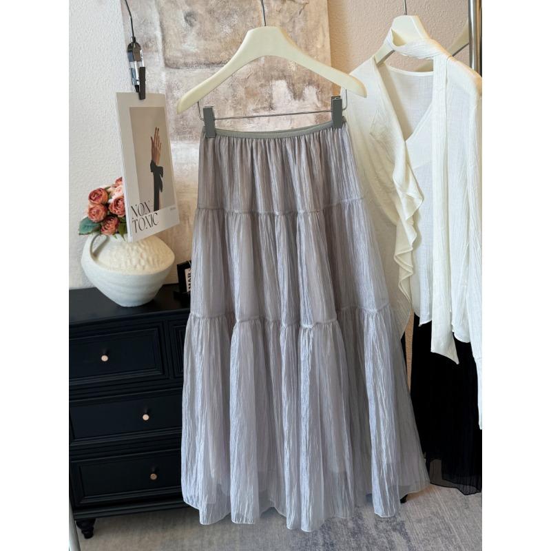 Super light pearlescent soft gauze skirt~ A-word splicing fluffy cake skirt French gentle temperament versatile medium and long skirt