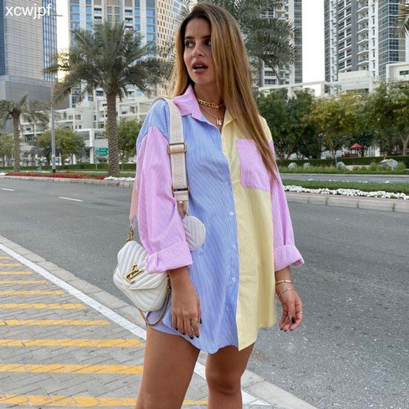 Pinstripe Color Matching Color Contrast Loose Boyfriend Style Shirt Longer in the Rear Long Sleeves Beach Summer New Arrival European and American Hot