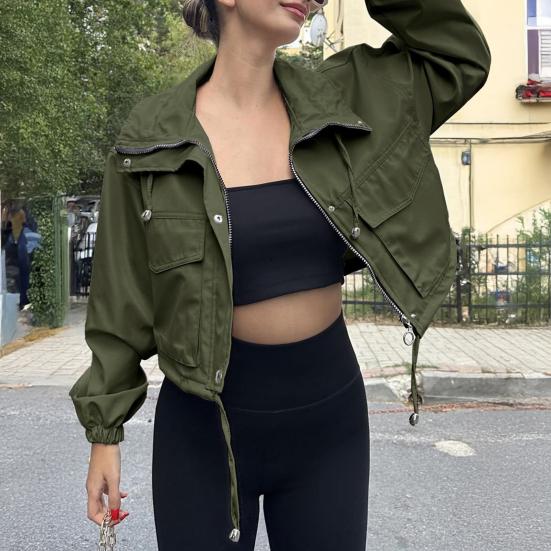 Dámská zkrácená užitková bunda na zip, nadměrný anorak s kapsami, podzimní stahovací krátký svrchní oděv