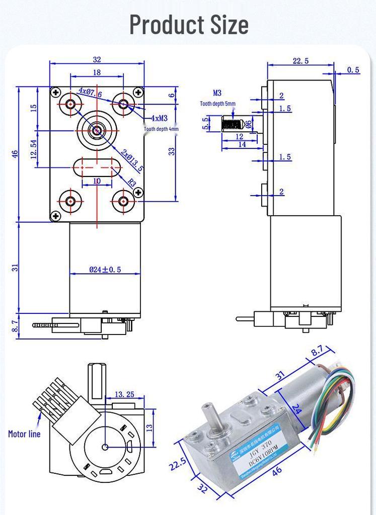 Adjustable Speed JGY370 DC Geared Motor with Encoder, 6V-24V, High Torque Worm Gear