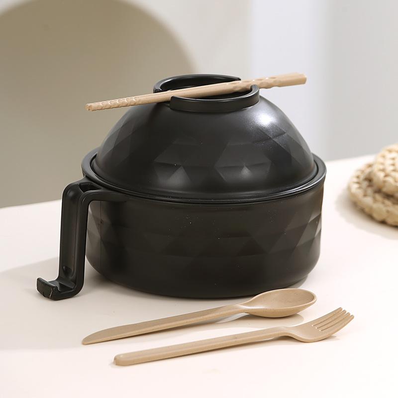 Microwave Ramen Bowl Cooker Set Wheat Straw Instant Noodles Bowl Handles,Ramen Noodle Cooker with Spoon Chopsticks Fork Camping