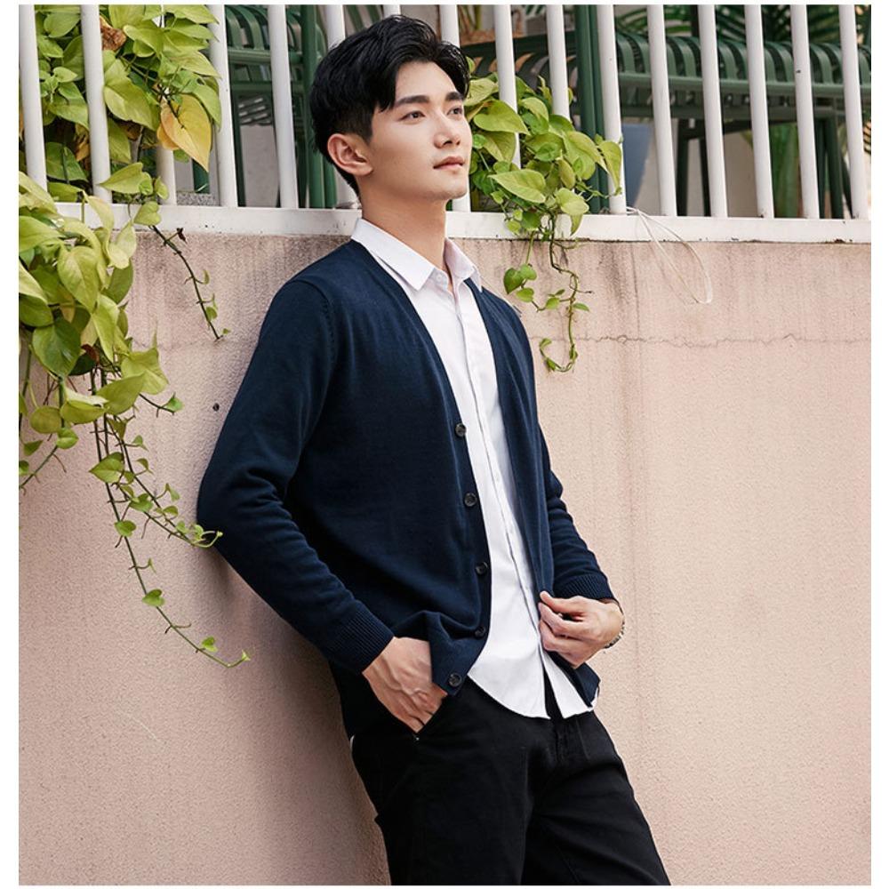 Men 100% Cotton V Neck Knit Cardigan, Slim Fit Long Sleeve Korean Style Casual Sweater Jacket for Autumn Winter