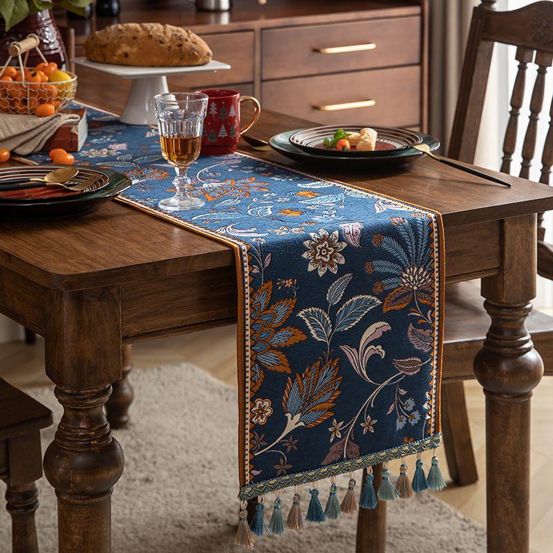 

Manyue French Style Retro Jacquard Table Runner Fabric Craft Bunting Art Dining Table Bunting Coffee Table TV Cabinet Tablecloth Table Cloth Placemat YM-navy blue trumpet flower + tassel 35*140cm