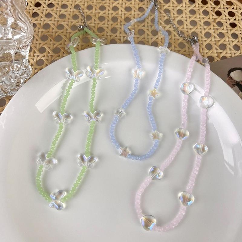 Y2K Glass Heart Star Butterfly Bead Pendant Necklace Bracelet for Women Clavicle Chain Fashion Valentines Day Gifts