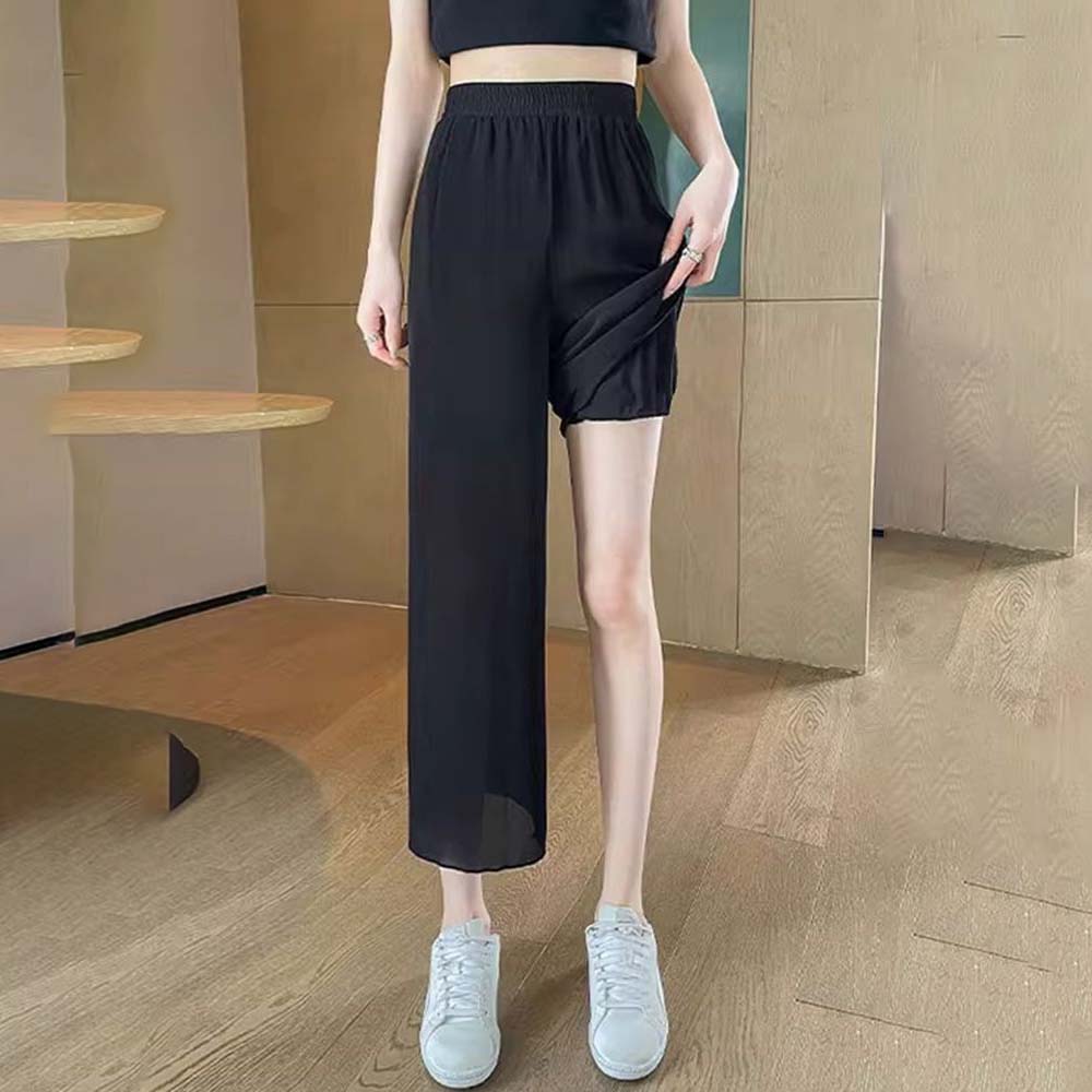 Ice Silk Chiffon Cropped Wide Leg Pants for Women's Summer Thin Loose Casual Sports Pants