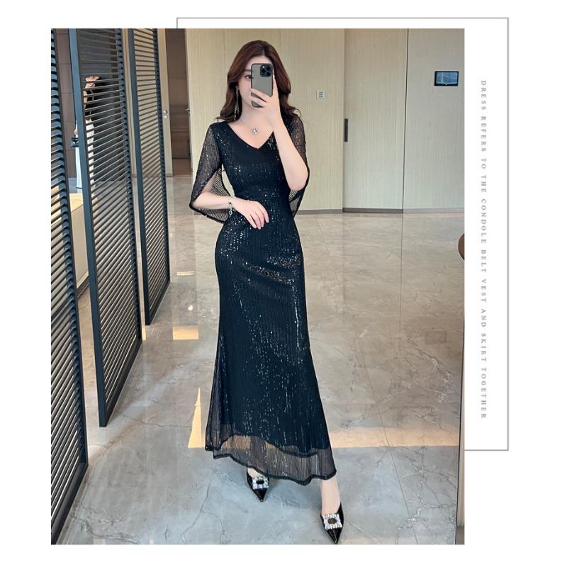 Black Evening Dress Skirt Women's High-end Toasting Clothes Light Luxury Sequins Niche Banquet Host Fishtail Dress