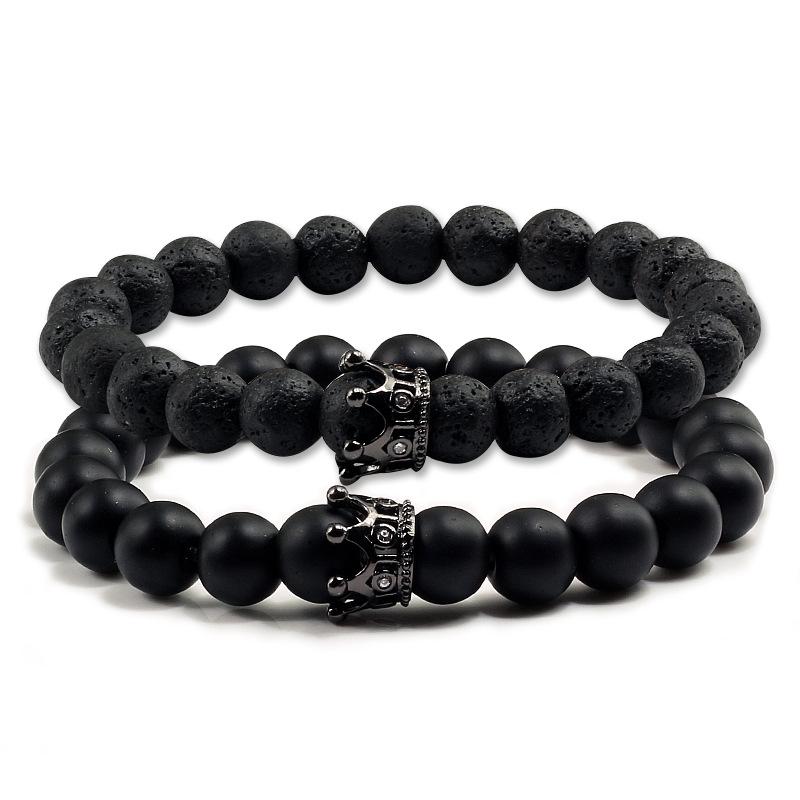European 8mm Handcrafted Black Matte Tiger Eye & Turquoise Crown Bracelet