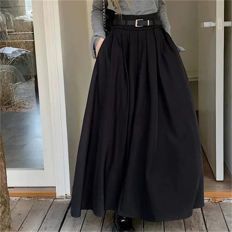 Women High Waist Jupe Korean Pleating Swing Skirt Vintage Fashion Spring Office Falda Holiday Loose Solid Long Skirt